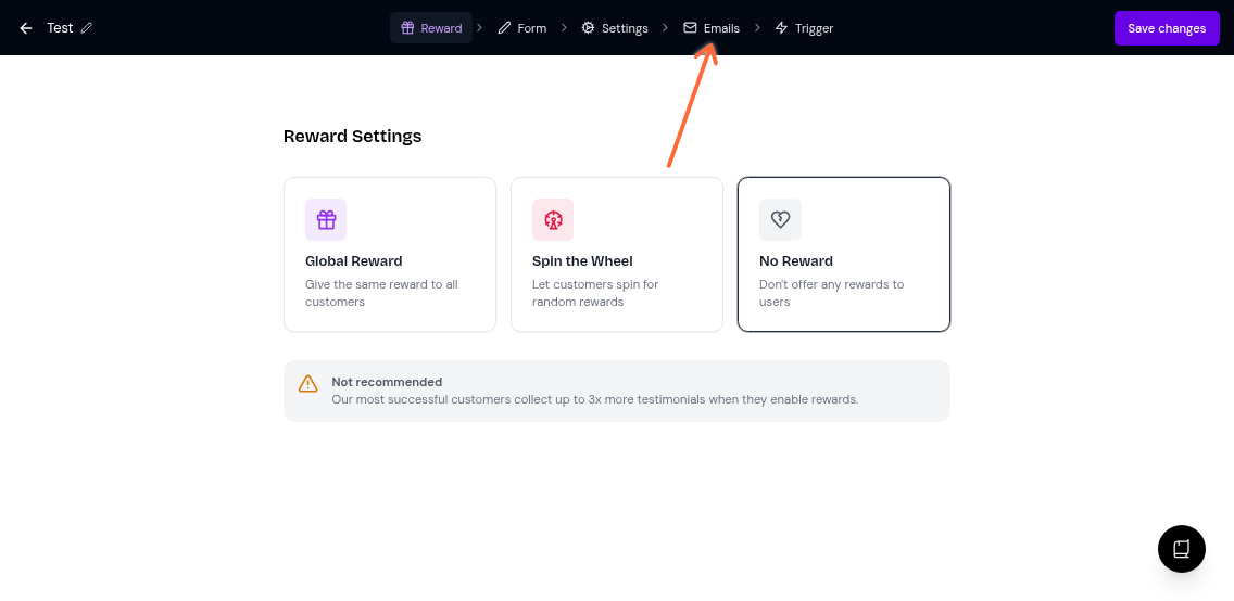 Form editor showing the Emails tab in the header navigation