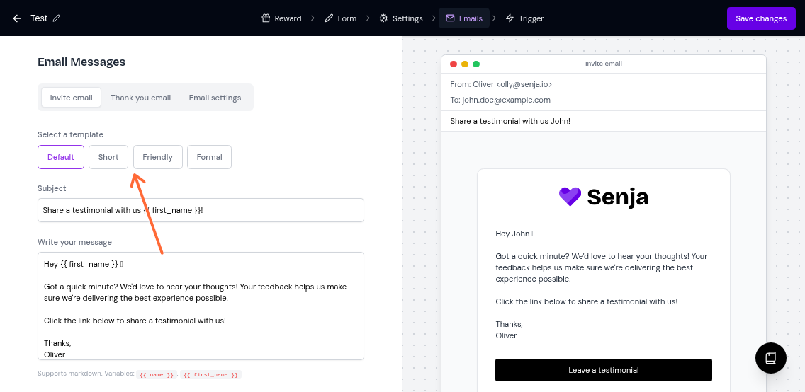 Template selection buttons showing Default, Short, Friendly, and Formal options