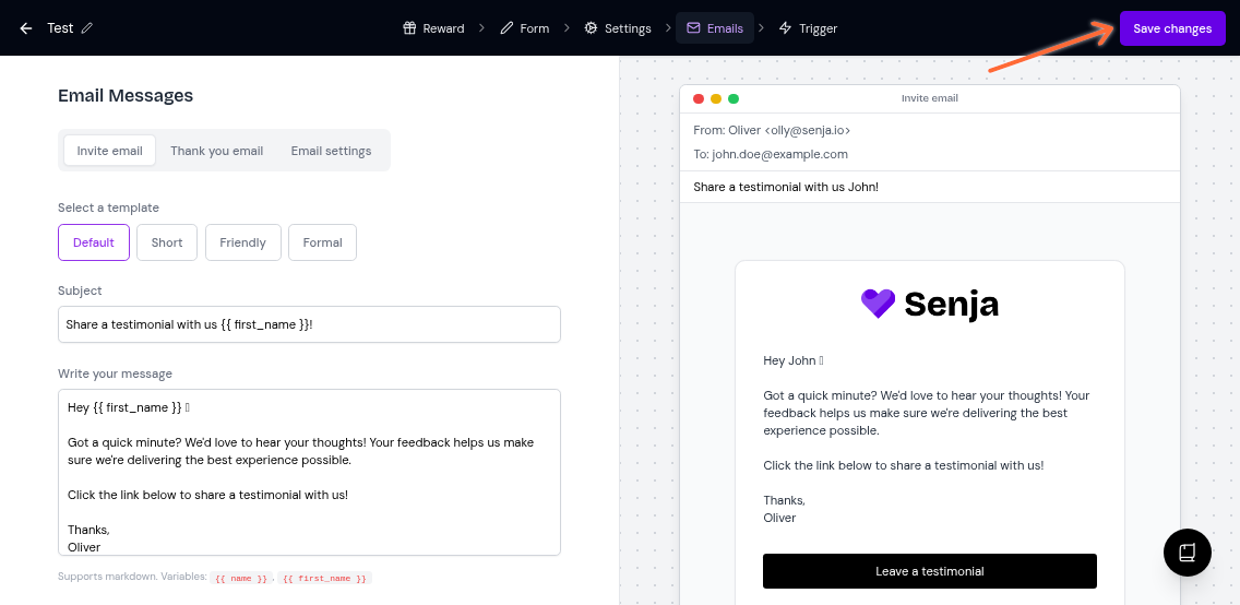 Form editor header showing the Save changes button