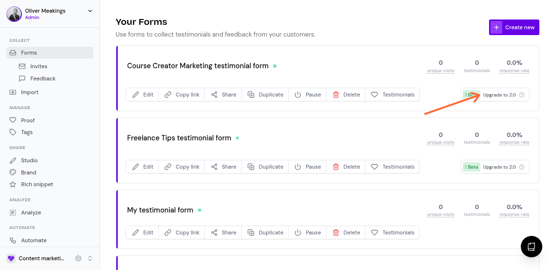 Forms list showing Classic form with Upgrade to 2.0 button highlighted