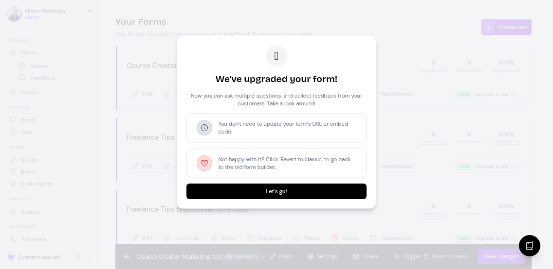 Success confirmation after upgrading form to version 2.0