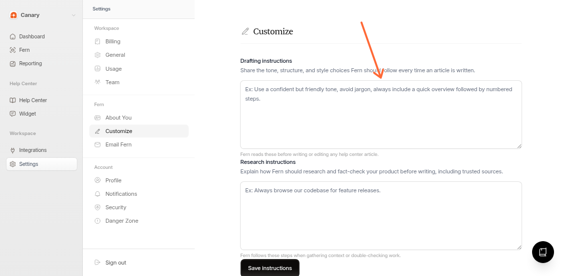 Drafting instructions field on the custom instructions page
