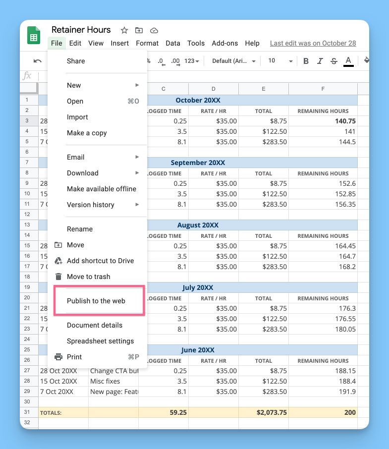 Google Sheets File menu open with Publish to web option highlighted