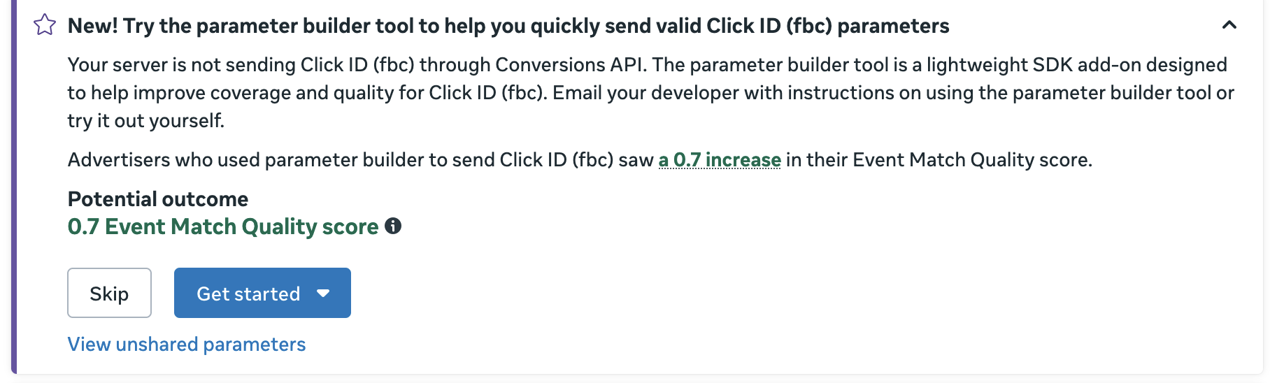 Facebook Events Manager Warnung über die Klick-ID (fbc), die nicht über die Conversions API gesendet wird