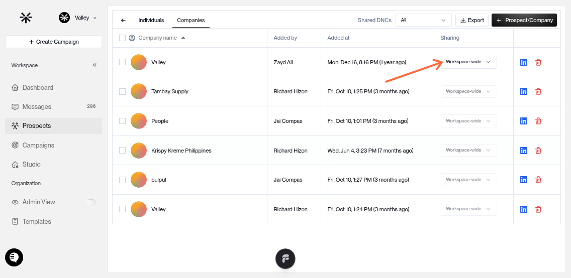 Per-entry sharing toggle to switch between Personal and Workspace-wide