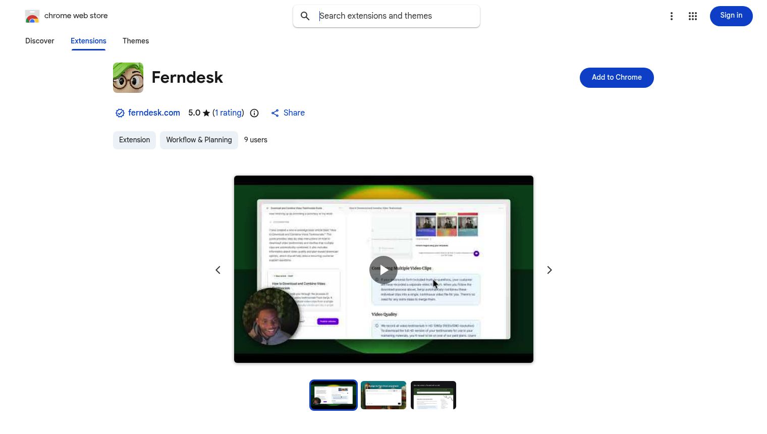 Chrome Web Store page for the Ferndesk extension showing the Add to Chrome button