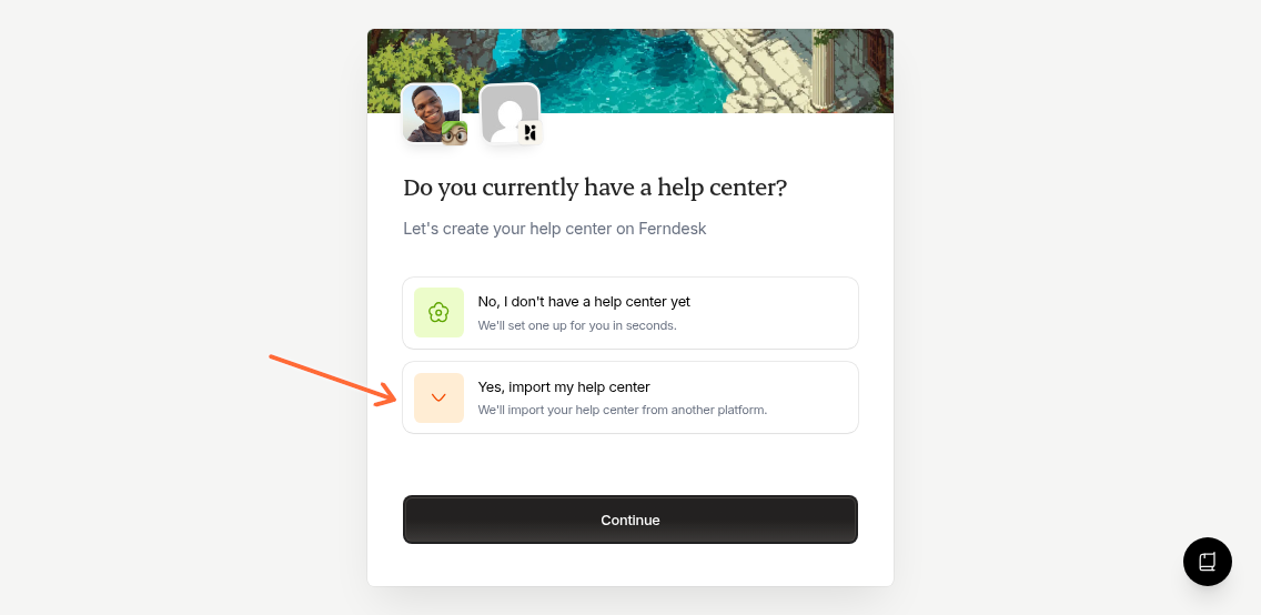 Onboarding screen asking if you have an existing help center with Yes and No options