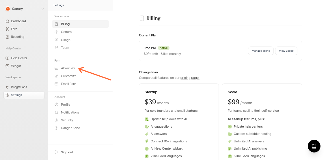 About You option under Fern section