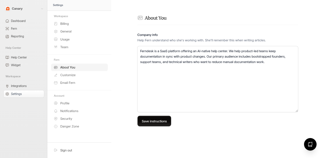 About You page showing Company info textarea