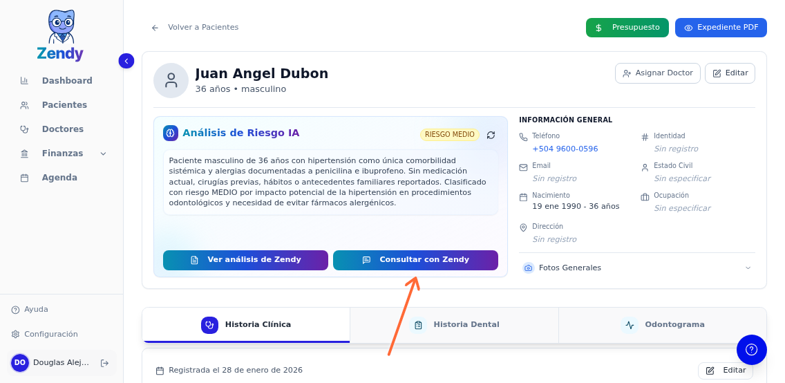 Ubicación del botón Consultar con Zendy en el expediente del paciente