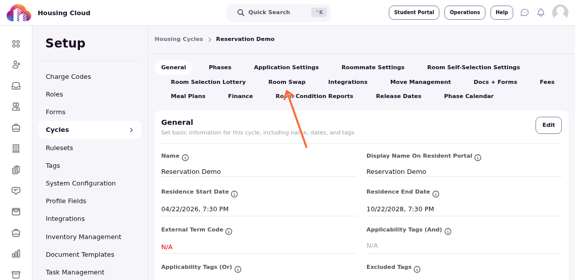 Cycle editor sidebar with Phases option highlighted
