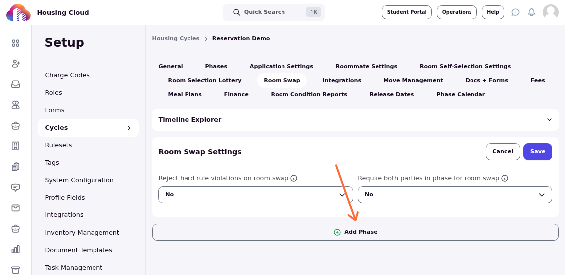 Room Swap section showing the add phase button