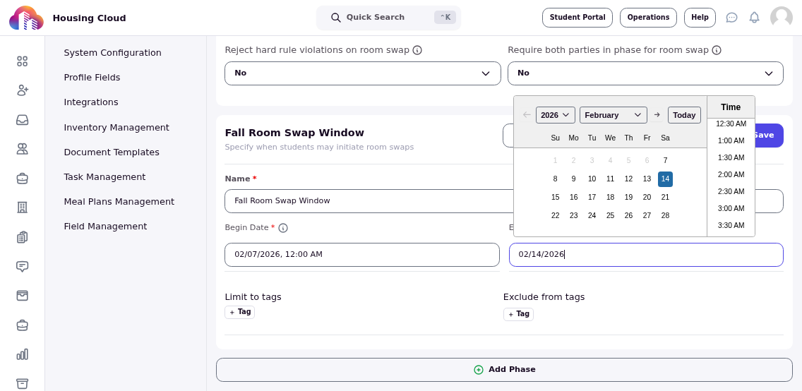 Room swap phase form filled with example values