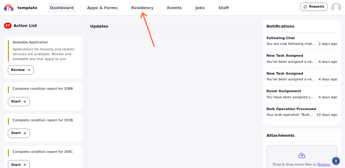 Student portal with Residency menu item highlighted