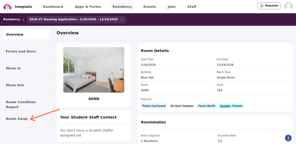 Residency sidebar with Room Swap link highlighted