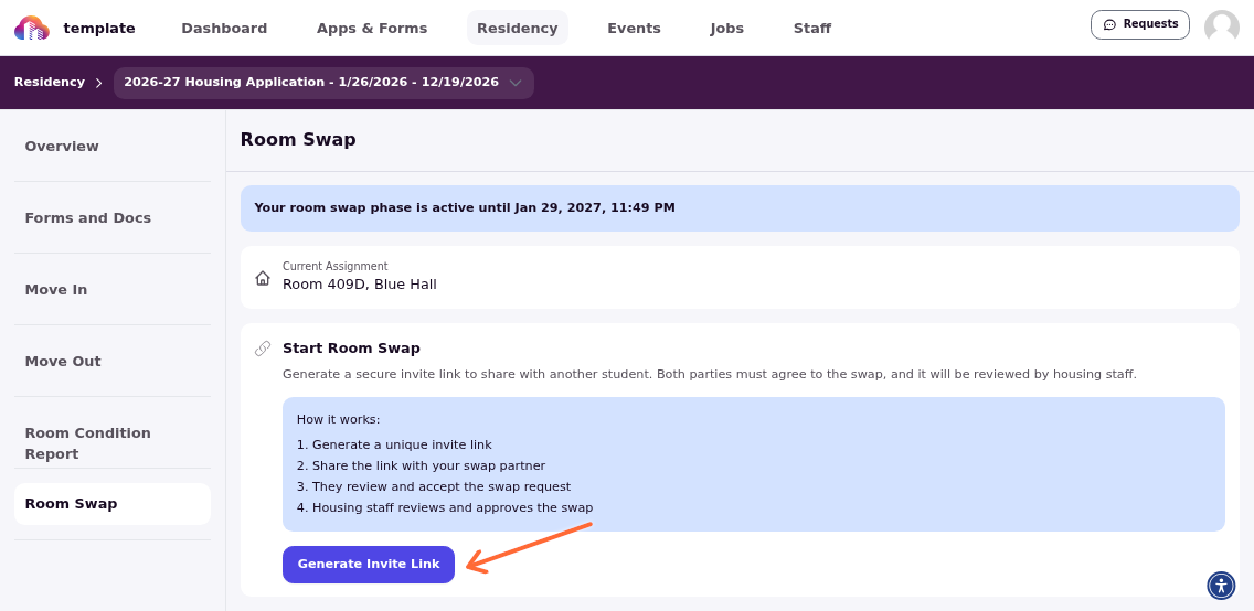 Room swap page showing active phase and generate button