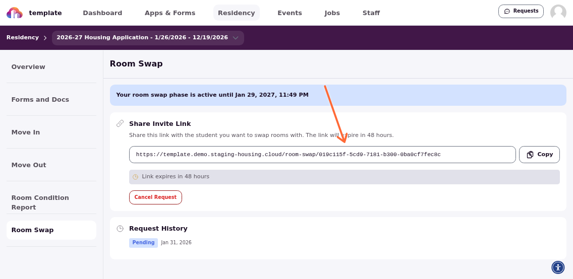Generated invite link with copy button highlighted