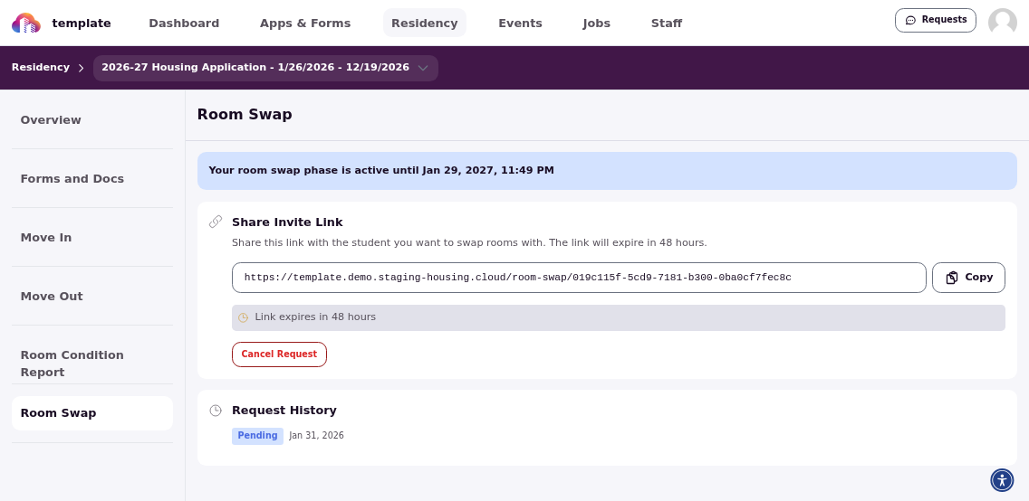 Request history showing pending swap with status and date