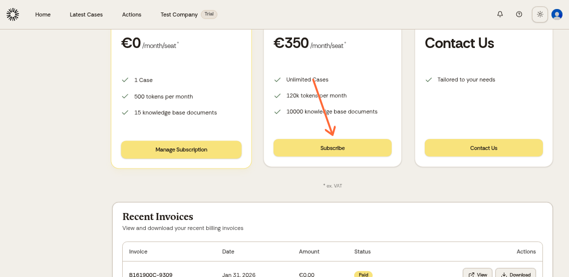 Billing page showing Business subscription with Subscribe button