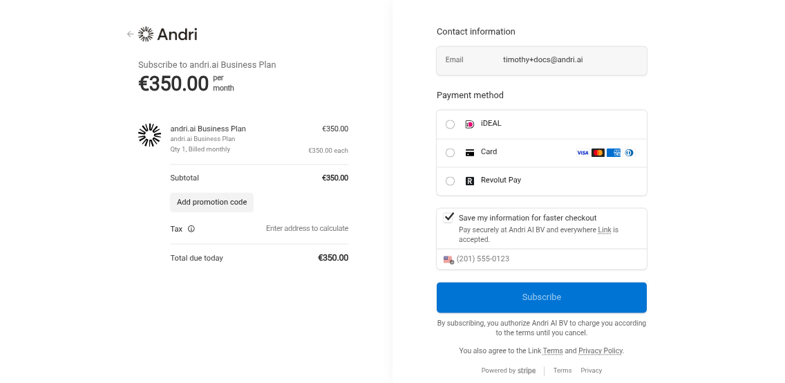 Checkout page with payment options and subscription details