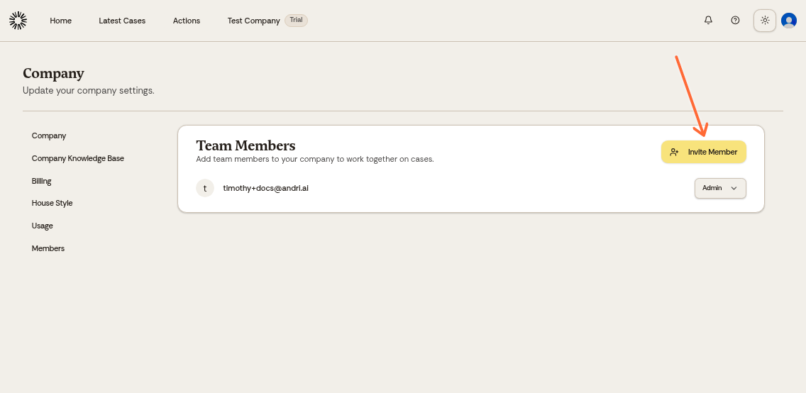 Members page showing team member list and Invite Member button