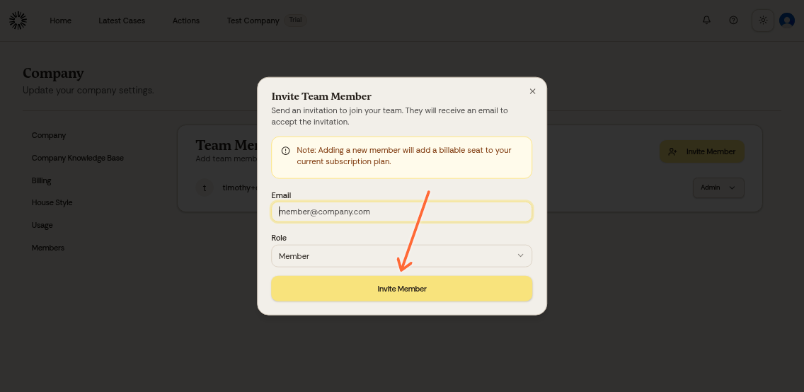 Invite member popup showing email and role fields with Invite button