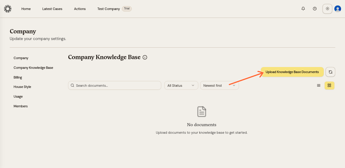 Company Knowledge Base page with Upload Documents button highlighted