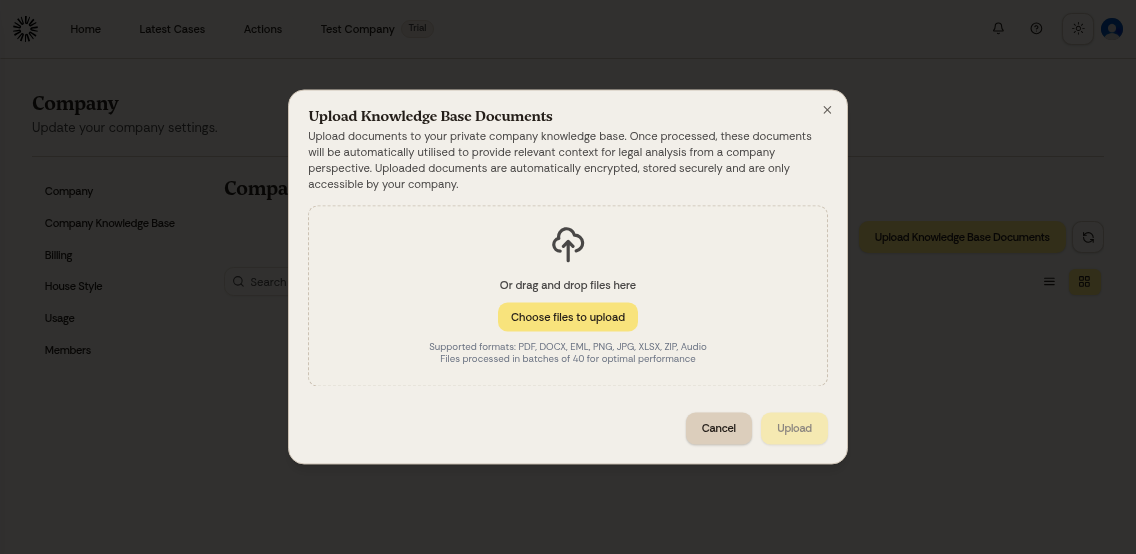 Upload dialog showing Choose Files button and supported file formats