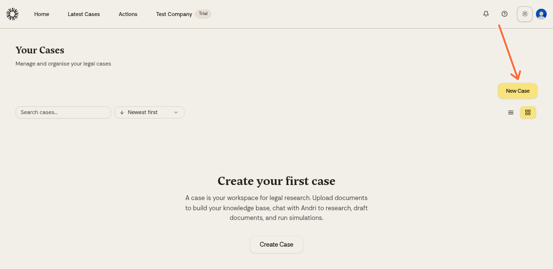 Homepage showing the New Case button in the top right corner