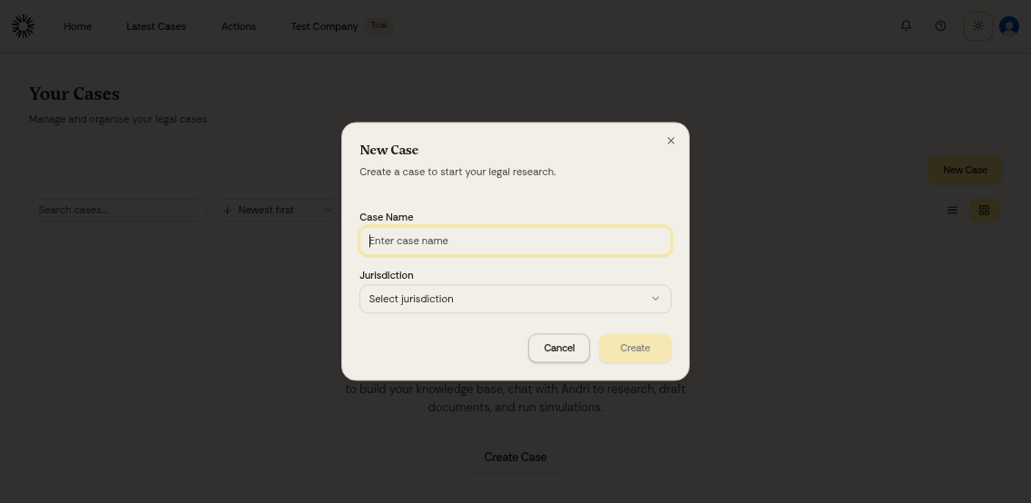Case creation form with a field to enter the case name