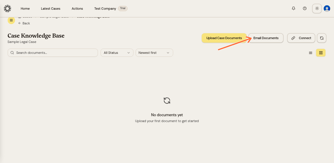 Case Knowledge Base showing the Email Documents button