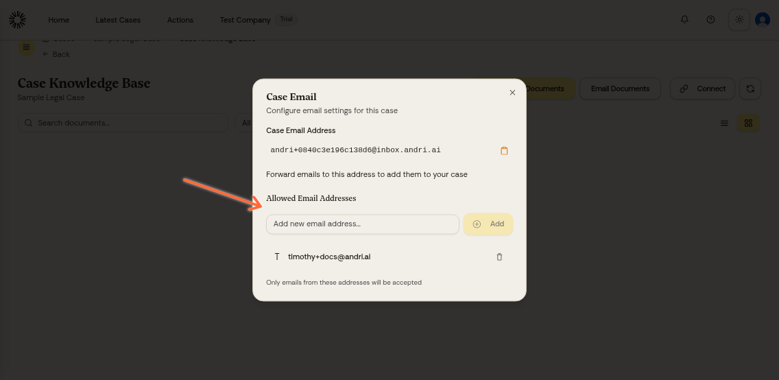 Case Email modal showing the unique email address and allowed email addresses configuration