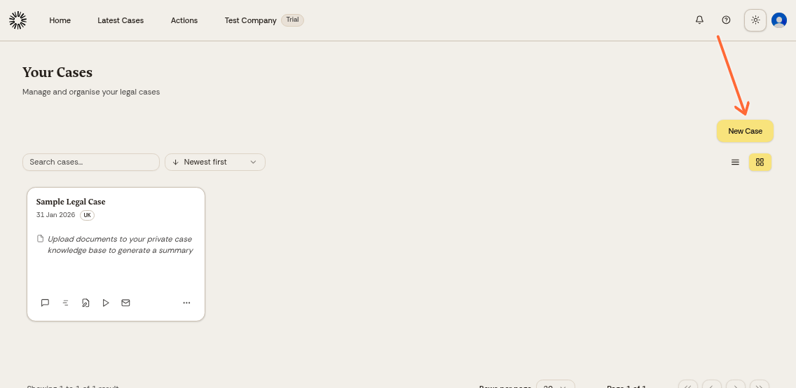 New Case button highlighted in the cases dashboard