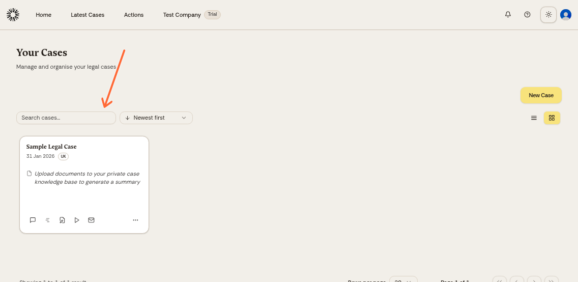 Search bar and sort controls on the cases dashboard