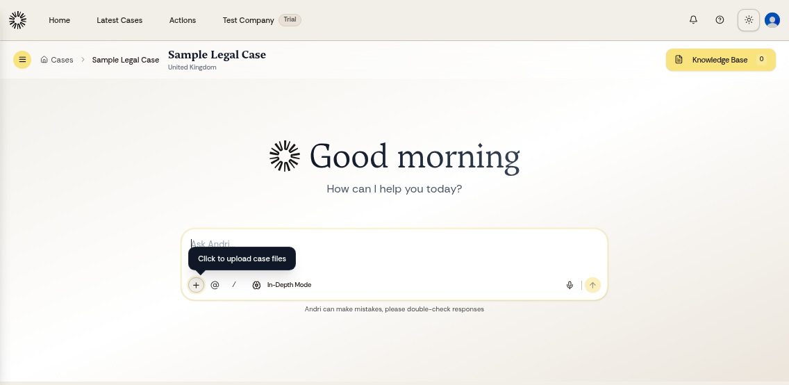 Inside a case showing the case knowledge base and document controls