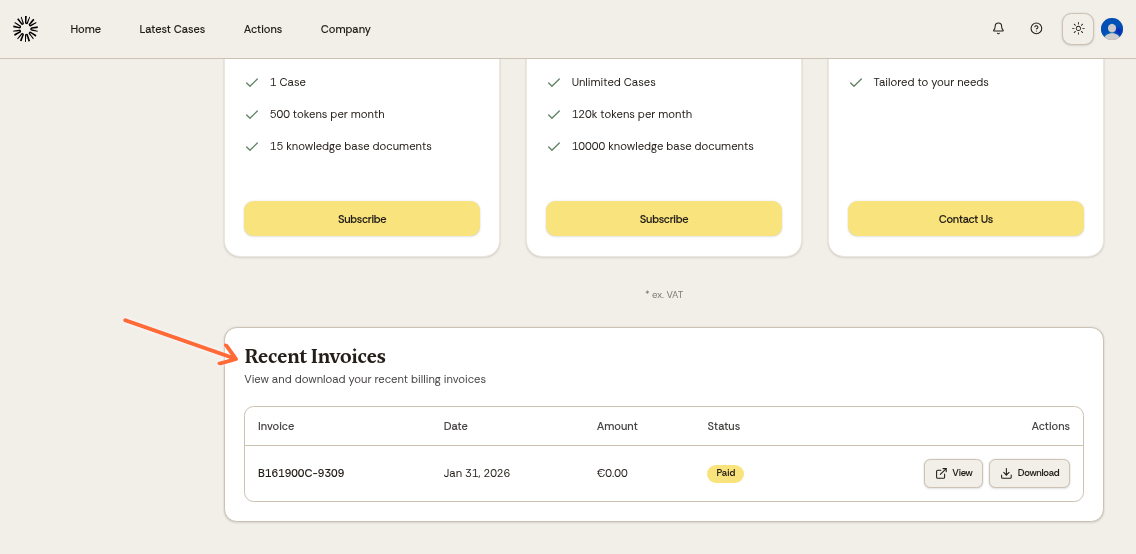 Billing page showing the Recent Invoices section highlighted with an arrow