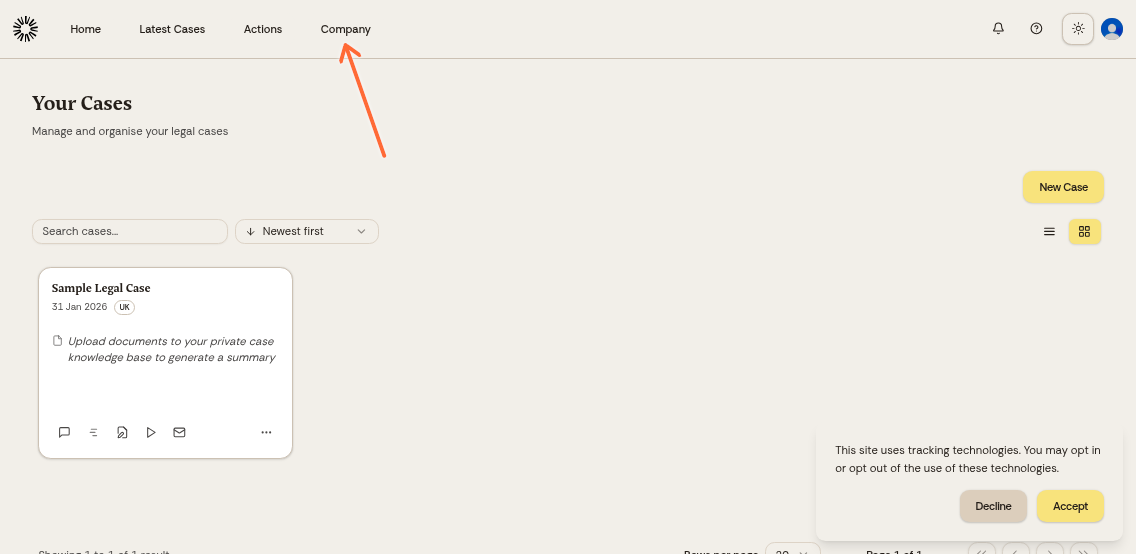 Dashboard showing Company option in left sidebar