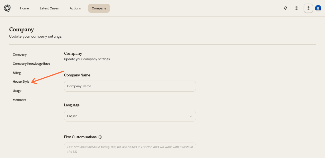 Company settings with House Style option highlighted
