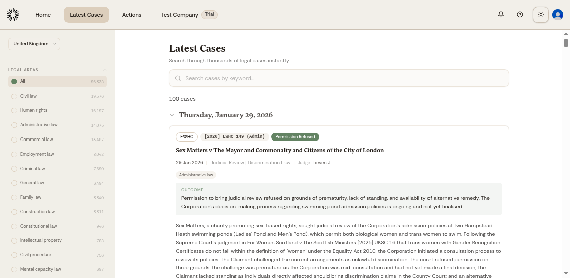Latest Cases page showing list of recent legal cases