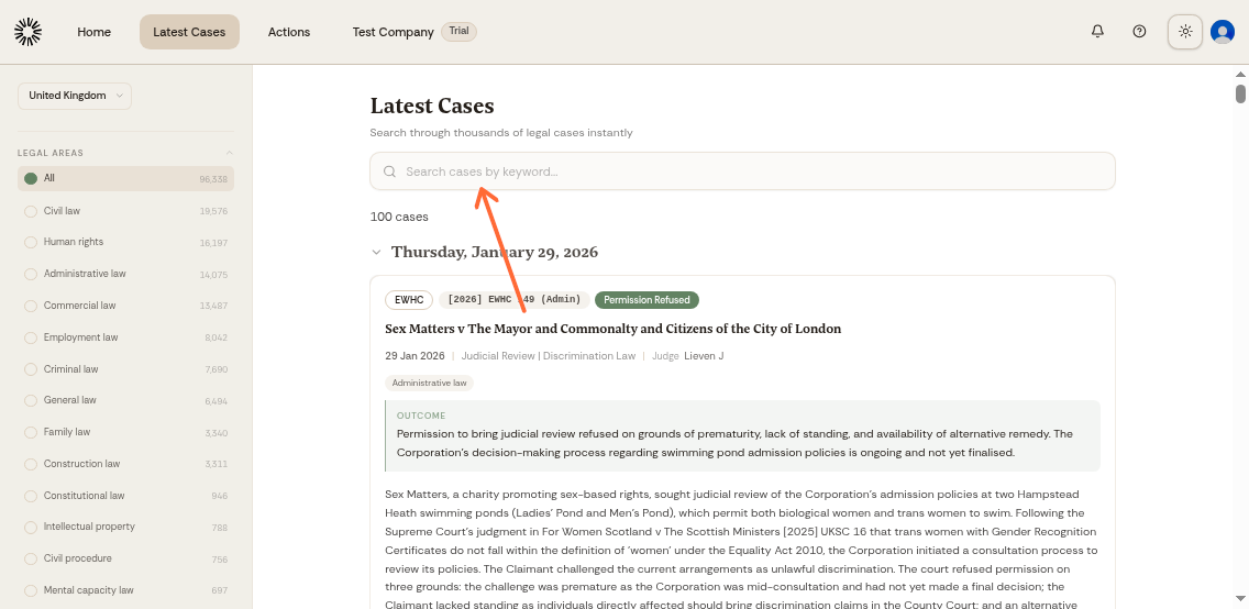 Search bar for finding cases by keyword