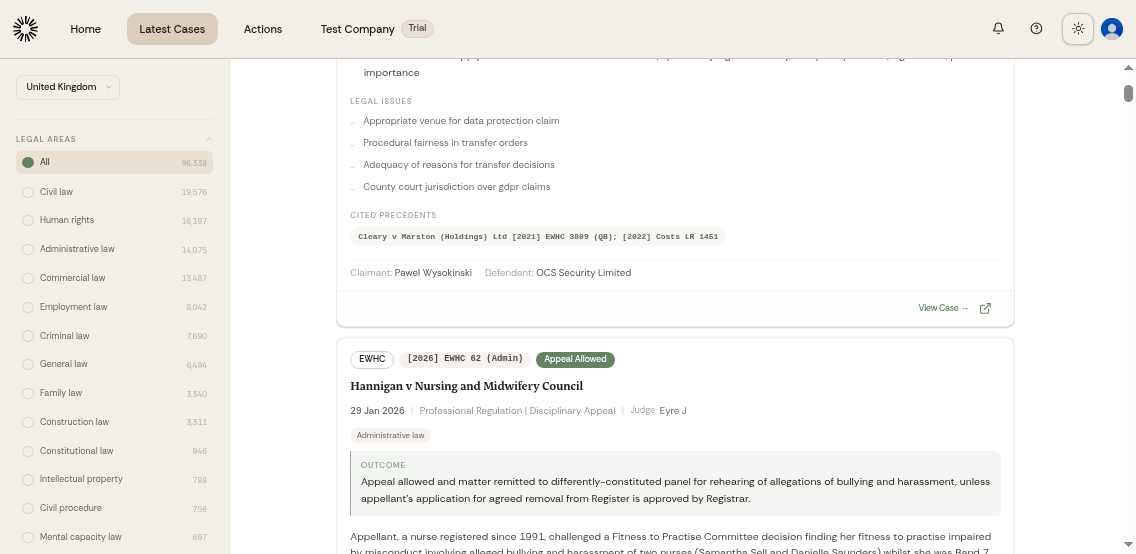 List view showing multiple case law entries with titles and metadata