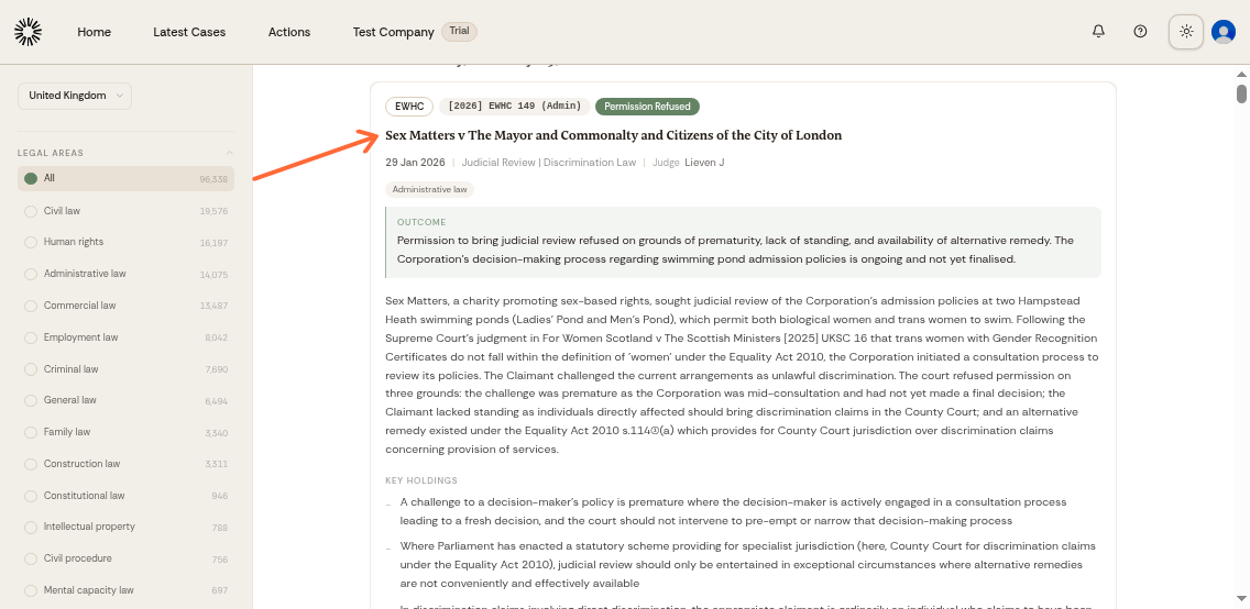 Case law entry example showing case title and information