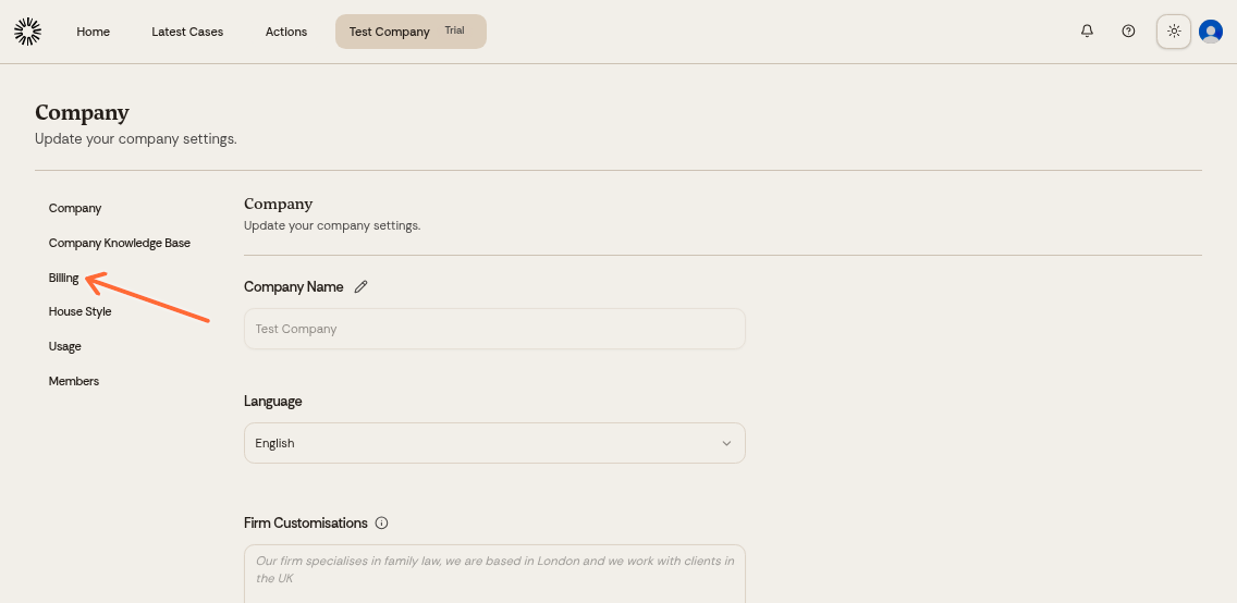 Navigate to Billing in the left sidebar