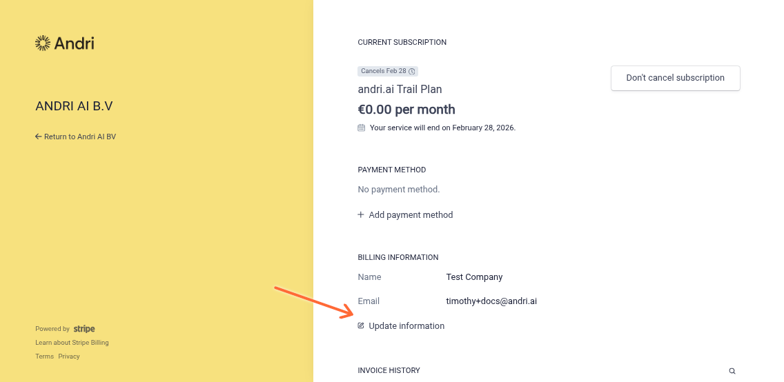 Stripe portal showing Update information link next to billing email