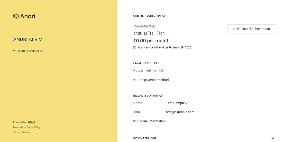 Updated billing email confirmation in Stripe portal