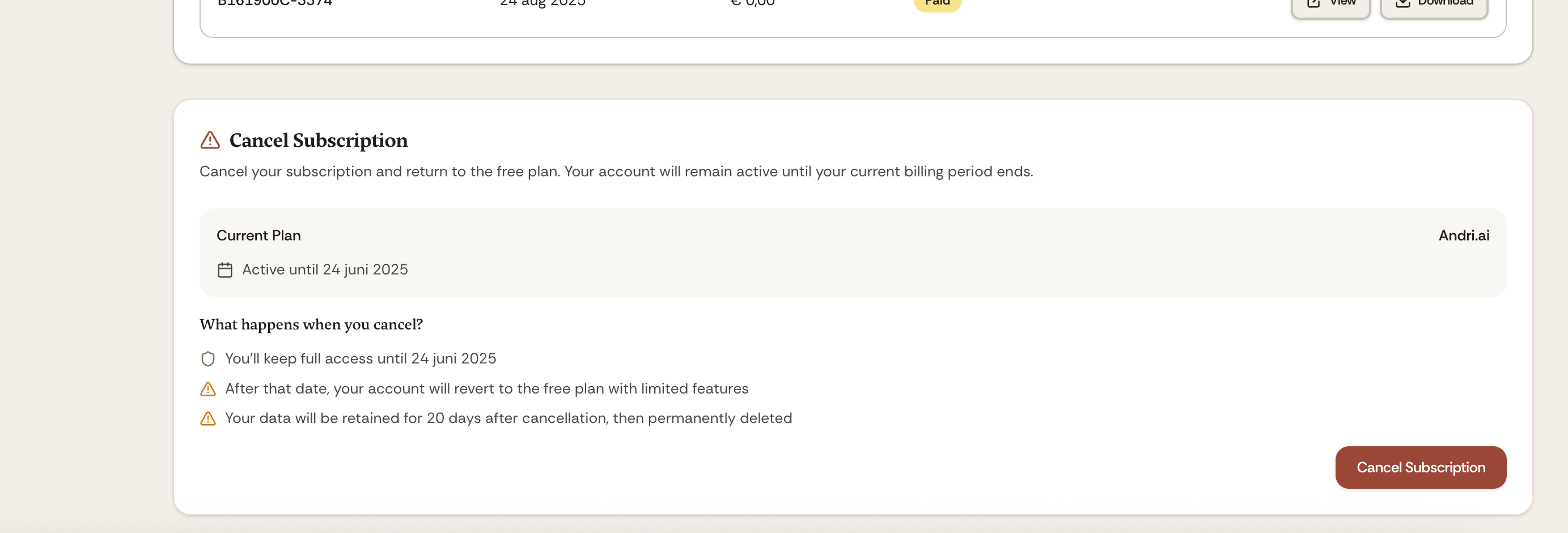 Subscription details section with Opzeggen (cancel) button