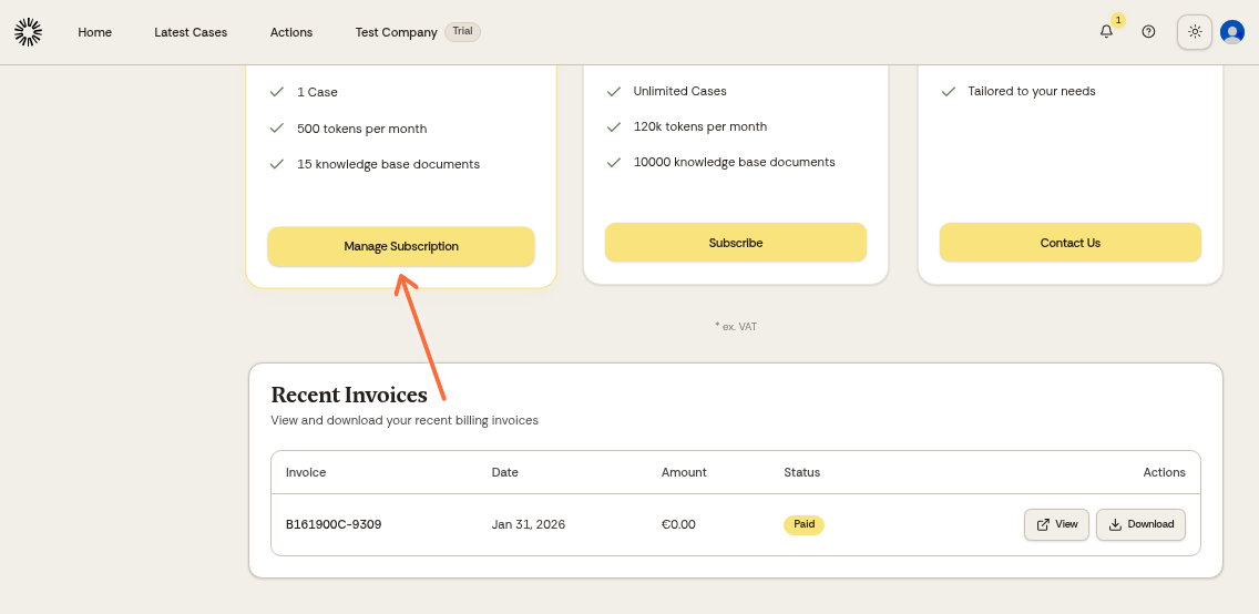 Manage Subscription button on the billing page
