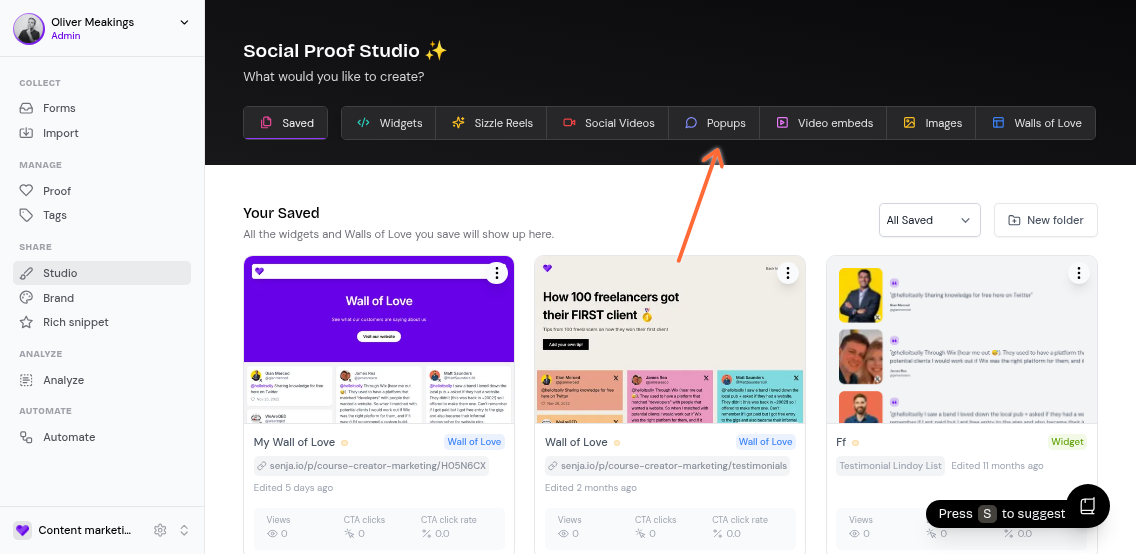 Popups tab in Studio navigation