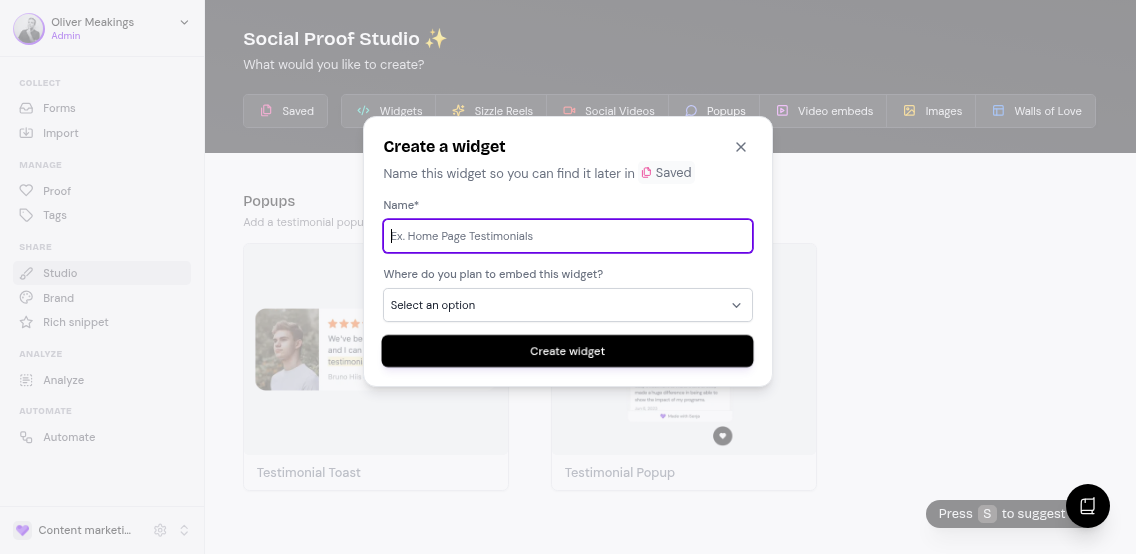 Create widget dialog with name and location fields
