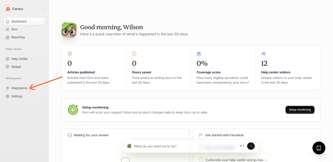 Ferndesk dashboard with arrow pointing to the Integrations link in the sidebar